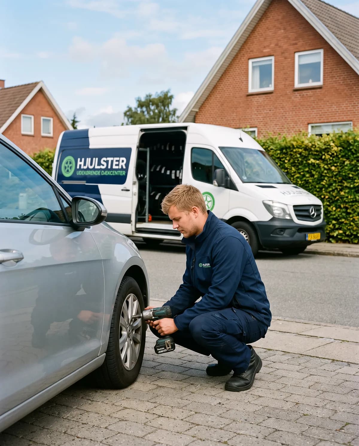 Hjulster-montør skifter hjul på en kundes bil i indkørslen foran den hvide Hjulster-varevogn